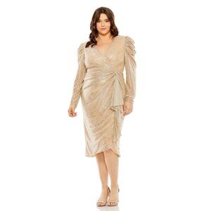 NWT Mac Duggal Long Sleeve Deep V Draped Shimmer Dress Rose Gold 20W